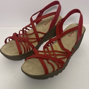 Skechers Women’s Sz 11 Red Strappy Sandal Memory Foam 3” Heel Strap Stretch